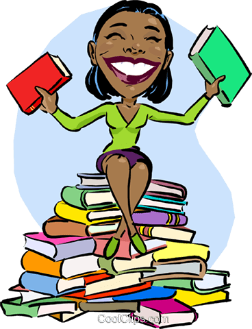 A smiling woman sits atop a tall stack of colorful books, holding a red book in one hand and a green book in the other