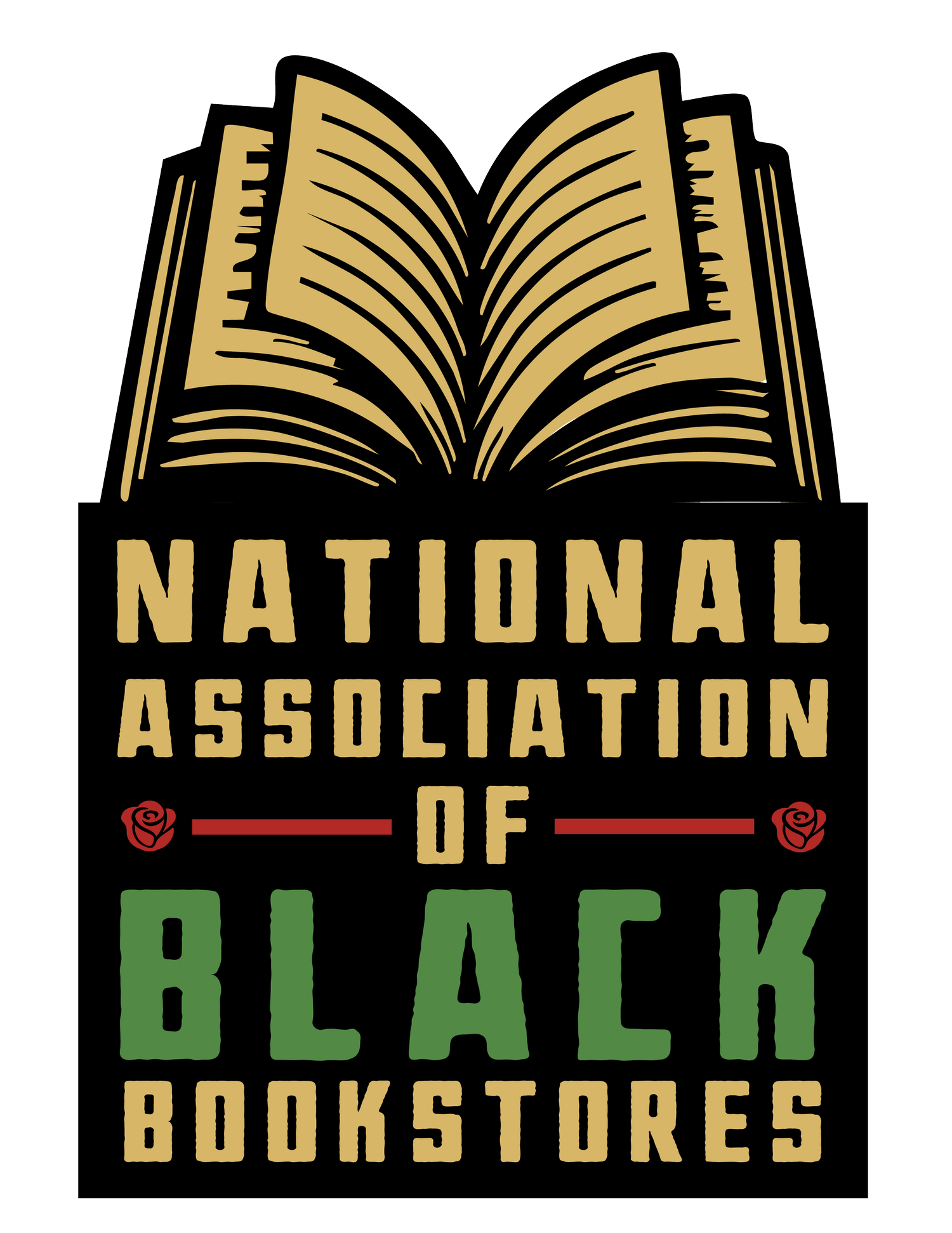 Logo of the National Association of Black Bookstores featuring an open book graphic, gold and green text, and two small red rose icons.